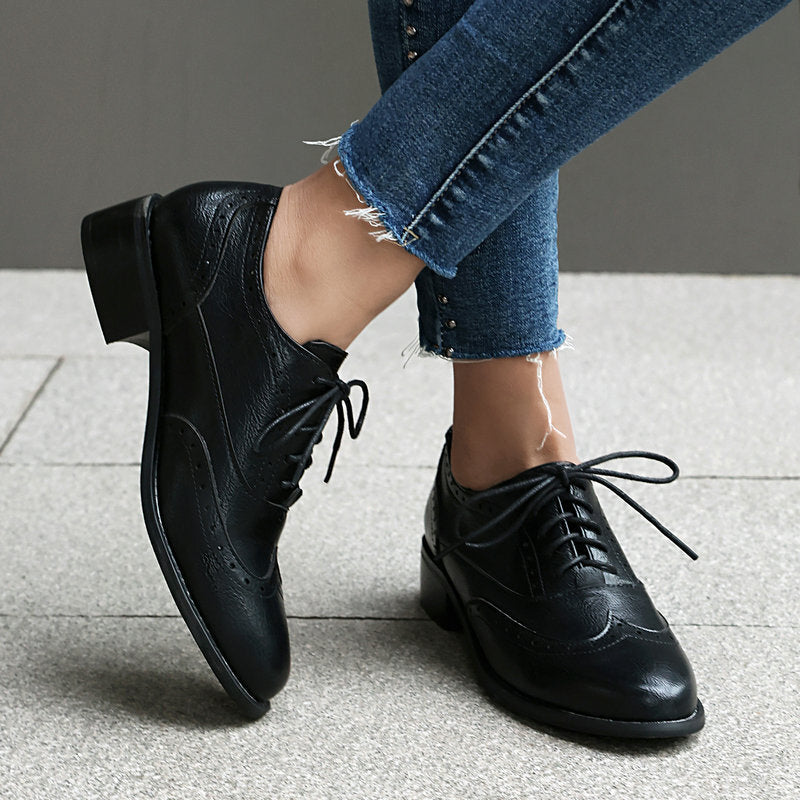 Women’s British Retro Oxford Shoes – Low-Heel Lace-Up Casual Style