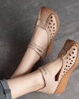 Women’s Retro Cowhide Sandals – Hollow-Toe Slope Heel (Dark Brown/Guest Brown)