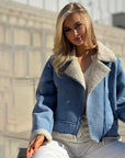 Women’s Fleece-Lined Denim Jacket – Oversized Streetwear Style (Short Length, Long Sleeve)