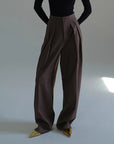 Women’s Striped Suit Pants – Cropped & Tailored (Black/Brown, Polyester Blend)