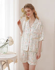 Women's Floral Cotton-Silk Pajama Set - Monet Print Short Sleeve & Shorts (Viscose, S-XL) Summer Sleepwear