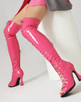 Women’s Over-the-Knee Hollow-Out Lace-Up Boots – High Heel PU Leather Statement Footwear