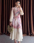 Robe imprimée à manches longues et ceinture pour femme - Robe mi-longue simple boutonnage en polyester (blanche)