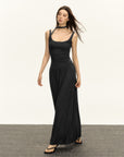 Robe élégante à bretelles spaghetti et dos nu – Robe longue en viscose de style rétro chinois (gris et noir, du XS au L)