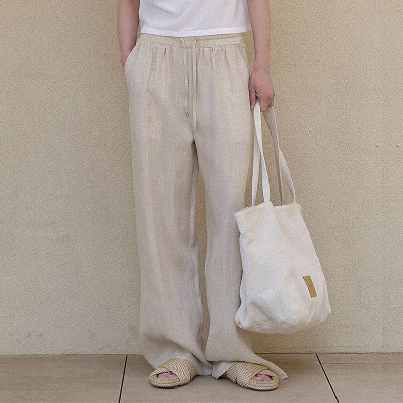 🌿 Women’s Minimalist Linen Pants – Double-Side Pocket Straight Leg (S/M/L, Natural Hemp)