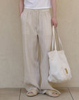 🌿 Women’s Minimalist Linen Pants – Double-Side Pocket Straight Leg (S/M/L, Natural Hemp)