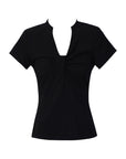 Women's V-Neck Knot Front T-Shirt - Slim Fit Polyester Top (Apricot/Gray/Red/Black, S/M) Casual Pullover Blouse