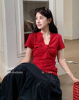 Women's V-Neck Knot Front T-Shirt - Slim Fit Polyester Top (Apricot/Gray/Red/Black, S/M) Casual Pullover Blouse