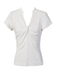 Women's V-Neck Knot Front T-Shirt - Slim Fit Polyester Top (Apricot/Gray/Red/Black, S/M) Casual Pullover Blouse