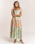 Robe longue taille haute sans manches pour femme – Jupe trapèze à imprimé floral vert clair avec poches et lacets (S-XL, polyester)
