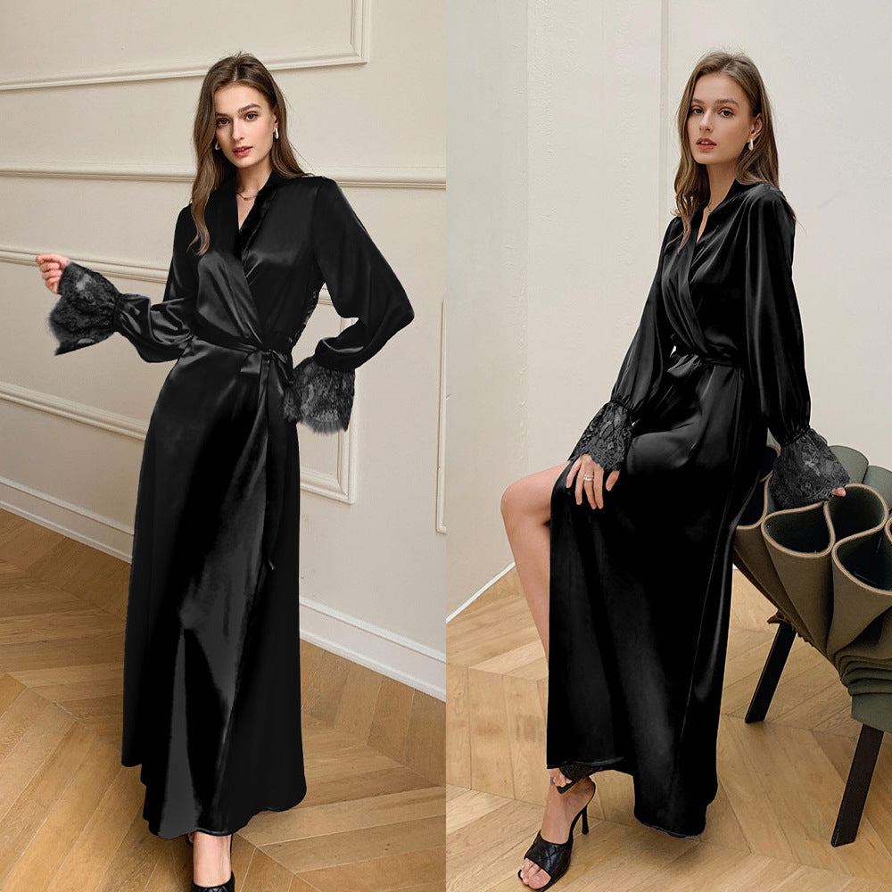 🌙 Robe en satin élégance française pour femme – Dos nu avec bordure en dentelle (Bleu/Violet/Bleu marine/Noir)