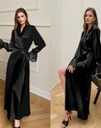 🌙 Robe en satin élégance française pour femme – Dos nu avec bordure en dentelle (Bleu/Violet/Bleu marine/Noir)