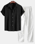 Ensemble chemise et pantalon camouflage en lin pour homme - Coupe slim, manches courtes, tenue de loisirs (S-5XL), mélange polyester/lin