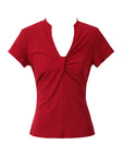 Women's V-Neck Knot Front T-Shirt - Slim Fit Polyester Top (Apricot/Gray/Red/Black, S/M) Casual Pullover Blouse