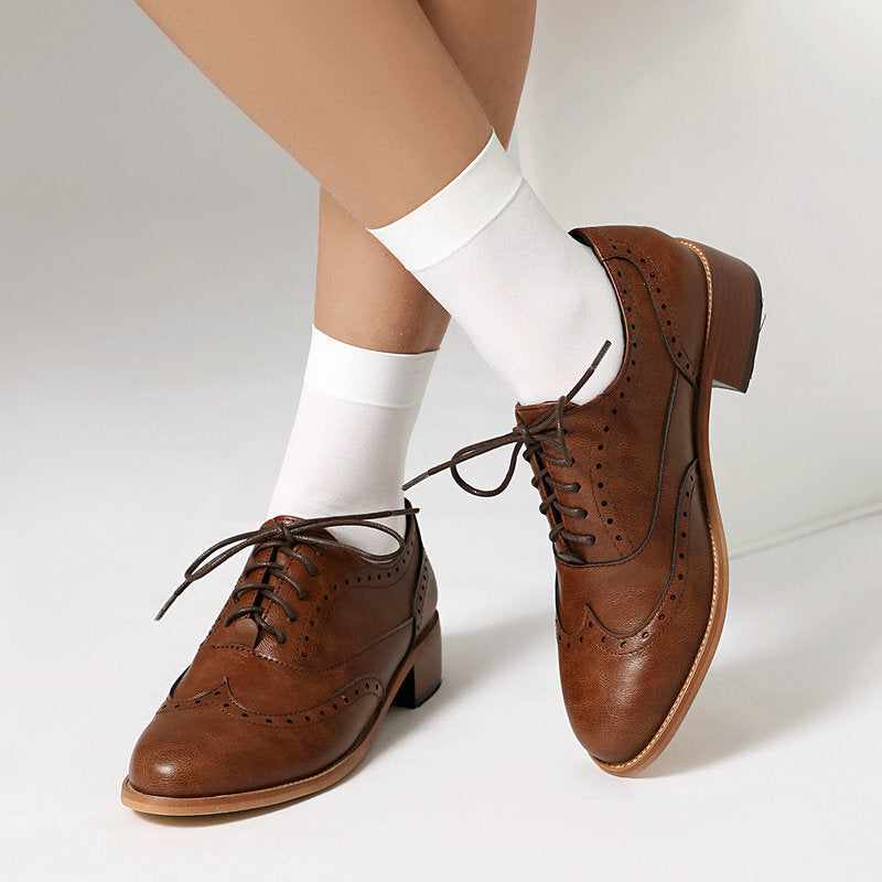 Women’s British Retro Oxford Shoes – Low-Heel Lace-Up Casual Style