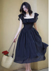 Schwarzes Damenkleid mit quadratischem Ausschnitt – mittellanges Kleid aus Lyocell-Mischgewebe mit taillierter Taille (XS-XL) – formelle Abendgarderobe mit Blütenblattärmeln