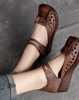 Women’s Retro Cowhide Sandals – Hollow-Toe Slope Heel (Dark Brown/Guest Brown)