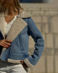 Women’s Fleece-Lined Denim Jacket – Oversized Streetwear Style (Short Length, Long Sleeve)