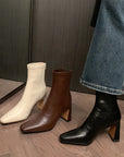 👢 Women's French Style Cowhide Boots – Square-Toe High Heel Ankle Boots