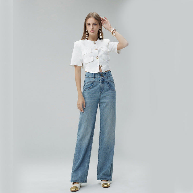 Pantalon taille haute à jambes larges pour femme – Denim élastique bleu vintage (mélange de coton) – Style frais et doux