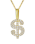 Sterling Silver Moissanite Dollar Sign Necklace - Gold/White Plated Hip Hop Pendant (O-Ring Chain)