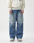 👖 Pantalon utilitaire en denim à jambe large pour homme – Coupe droite taille mi-haute (bleu, braguette zippée)