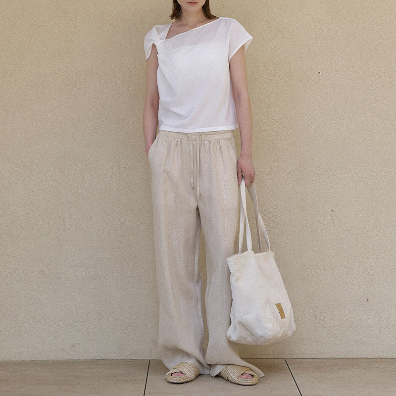 🌿 Women’s Minimalist Linen Pants – Double-Side Pocket Straight Leg (S/M/L, Natural Hemp)