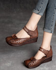 Women’s Retro Cowhide Sandals – Hollow-Toe Slope Heel (Dark Brown/Guest Brown)