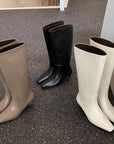 Ritterstiefel aus echtem Leder für Damen – klobige Stiefel mit mittelhohem Absatz – hohe Stiefel bis unters Knie (35–40 cm Höhe)