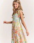 Robe longue taille haute sans manches pour femme – Jupe trapèze à imprimé floral vert clair avec poches et lacets (S-XL, polyester)