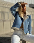 Women’s Fleece-Lined Denim Jacket – Oversized Streetwear Style (Short Length, Long Sleeve)