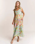 Robe longue taille haute sans manches pour femme – Jupe trapèze à imprimé floral vert clair avec poches et lacets (S-XL, polyester)