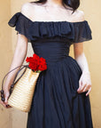 Schwarzes Damenkleid mit quadratischem Ausschnitt – mittellanges Kleid aus Lyocell-Mischgewebe mit taillierter Taille (XS-XL) – formelle Abendgarderobe mit Blütenblattärmeln