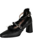 👢 Talons épais en fourrure de vison de style français pour femmes – Talons hauts de luxe (6-8 cm) en noir/abricot