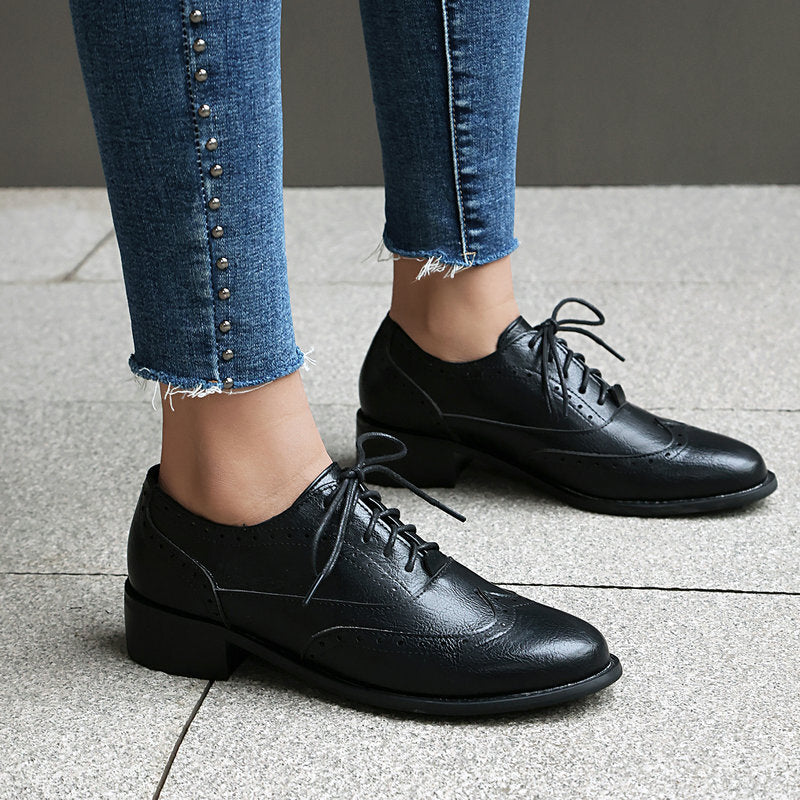 Women’s British Retro Oxford Shoes – Low-Heel Lace-Up Casual Style