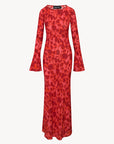 Women's Floral Silk Dress - Elegant Rose Red A-Line Long Sleeve Dress (Luxury Silk Fabric)