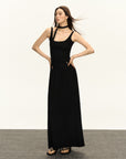 Robe élégante à bretelles spaghetti et dos nu – Robe longue en viscose de style rétro chinois (gris et noir, du XS au L)