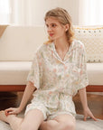 Women's Floral Cotton-Silk Pajama Set - Monet Print Short Sleeve & Shorts (Viscose, S-XL) Summer Sleepwear