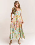 Robe longue taille haute sans manches pour femme – Jupe trapèze à imprimé floral vert clair avec poches et lacets (S-XL, polyester)