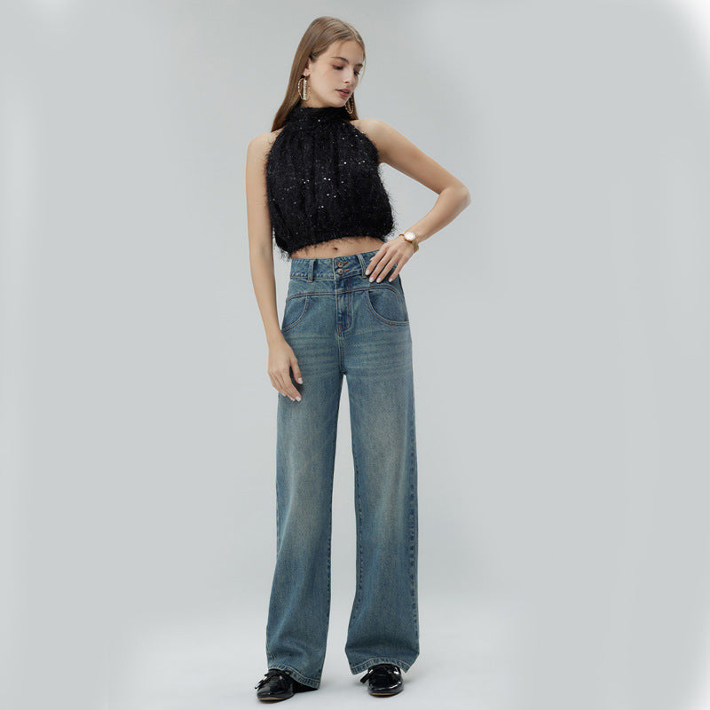 Pantalon taille haute à jambes larges pour femme – Denim élastique bleu vintage (mélange de coton) – Style frais et doux