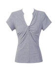 Women's V-Neck Knot Front T-Shirt - Slim Fit Polyester Top (Apricot/Gray/Red/Black, S/M) Casual Pullover Blouse