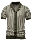 Men's Striped Knit Shirt - Army Green & Khaki Short Sleeve Top - Breathable Polyester Streetwear Tee (S-XXL)