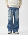 👖 Pantalon utilitaire en denim à jambe large pour homme – Coupe droite taille mi-haute (bleu, braguette zippée)