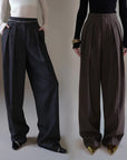 Women’s Striped Suit Pants – Cropped & Tailored (Black/Brown, Polyester Blend)