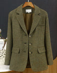 Women’s Tweed Herringbone Blazer – Wool Tailored Jacket (Twilight Green, Long Sleeve)