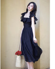 Schwarzes Damenkleid mit quadratischem Ausschnitt – mittellanges Kleid aus Lyocell-Mischgewebe mit taillierter Taille (XS-XL) – formelle Abendgarderobe mit Blütenblattärmeln