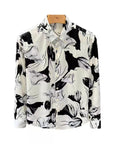 Men’s Floral Print Long Sleeve Shirt – Slim Fit (White/Black, Polyester Blend)