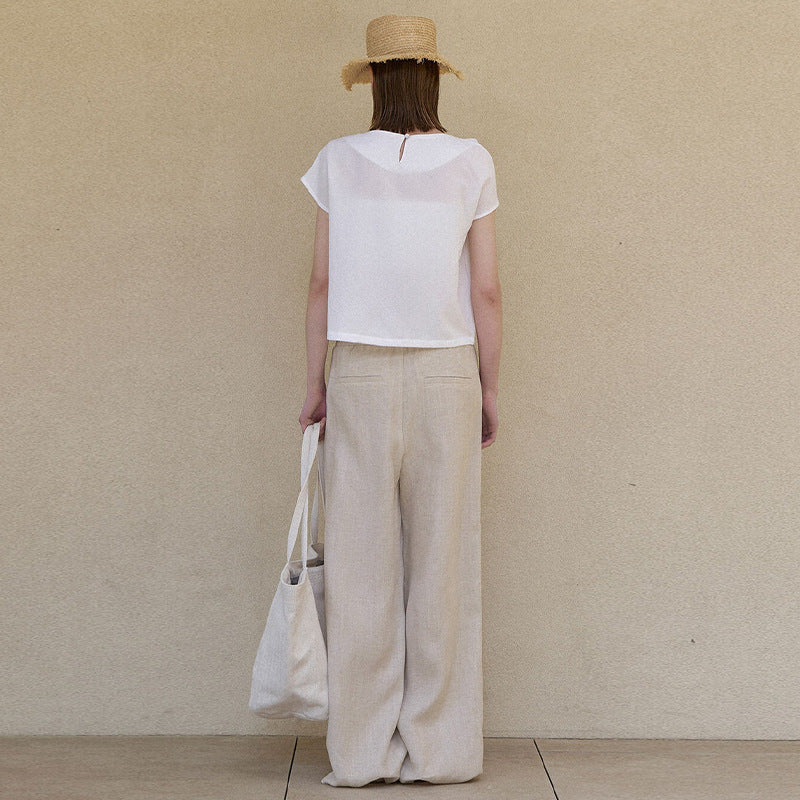 🌿 Women’s Minimalist Linen Pants – Double-Side Pocket Straight Leg (S/M/L, Natural Hemp)