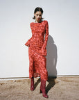 Women's Floral Silk Dress - Elegant Rose Red A-Line Long Sleeve Dress (Luxury Silk Fabric)