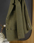 Women’s Tweed Herringbone Blazer – Wool Tailored Jacket (Twilight Green, Long Sleeve)